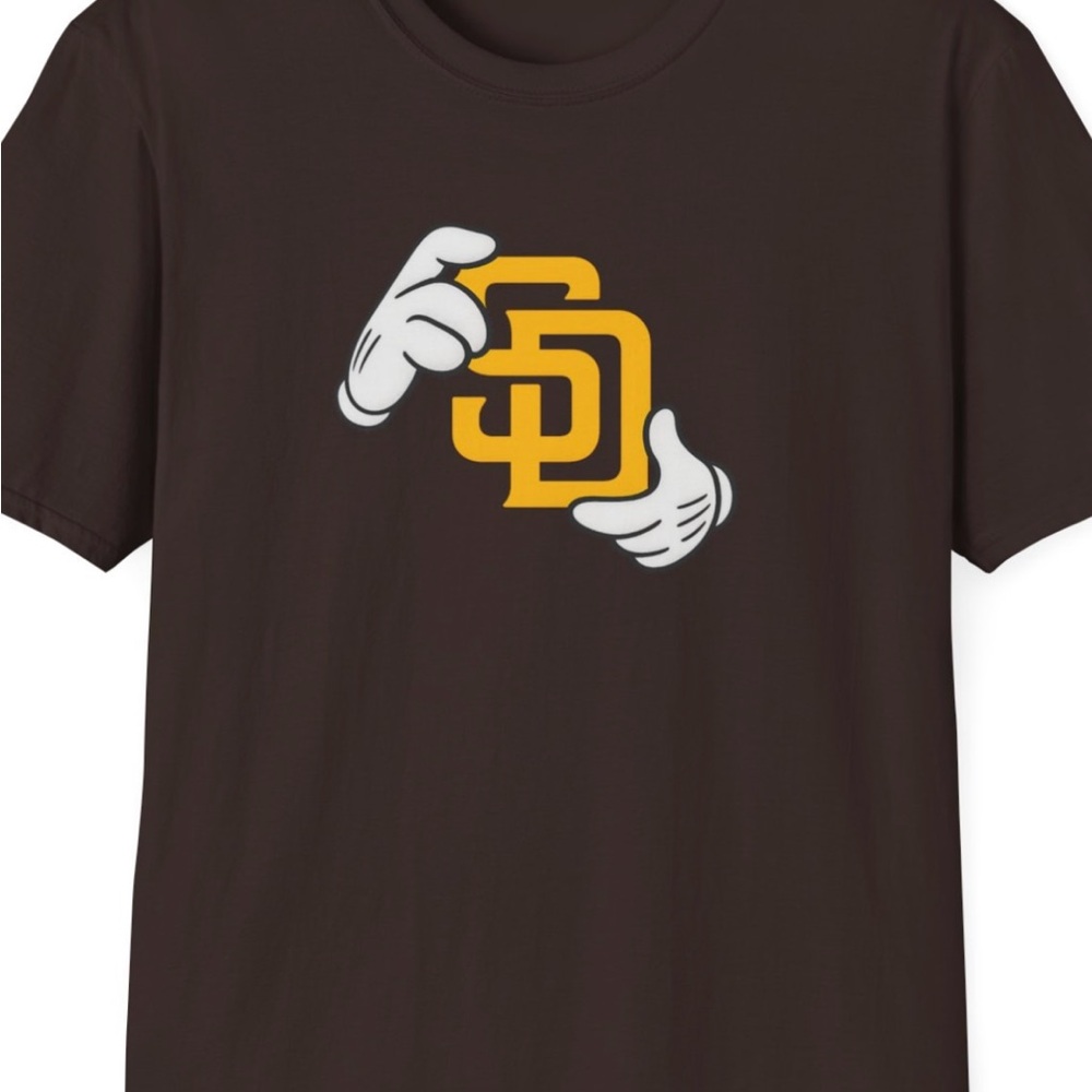 Brown T-Shirt with Yellow Logo and White Gloves